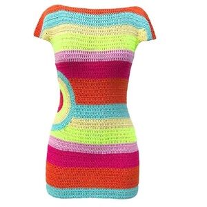 Elsie and Fred- Multicolored Stripe Crocheted Cap Sleeve Mini Dress